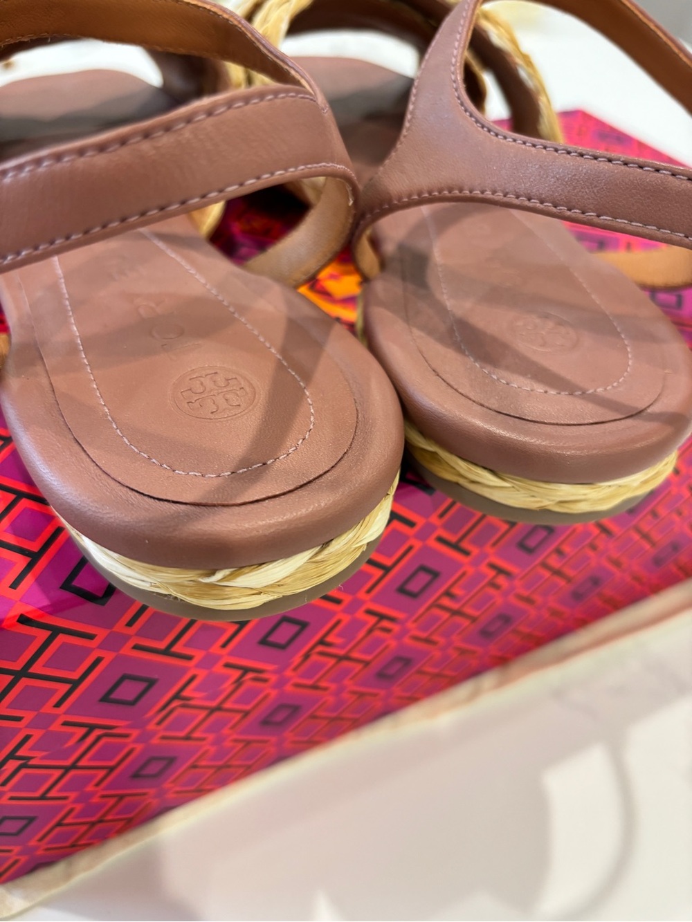 Tory Burch Kira Braided Raffia Slide Sandals with Mauve Leather Strap Size 8.5. - Picture 3 of 11